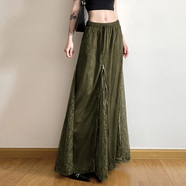 Moss Green Retro Vintage Zipper Spliced Lace A-Line Midi Skirt - 90s Inspired Niche Long Skirt for Unique Style