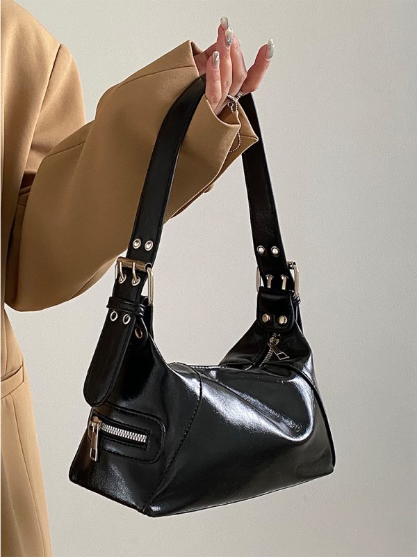 New Women's Motorcycle Underarm Bag, Niche Design Oil Wax Leather Shoulder Tote, Trendy Small Bag for Hot Girl Style
