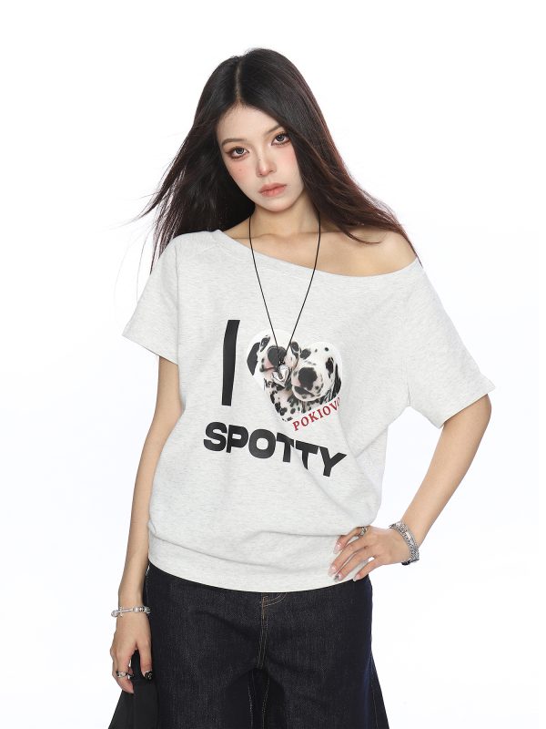 Off-Shoulder American Dalmatian T-Shirt for Women - Summer Slim Fit Short Sleeve Waist-Defining Top - Trendy Casual Style