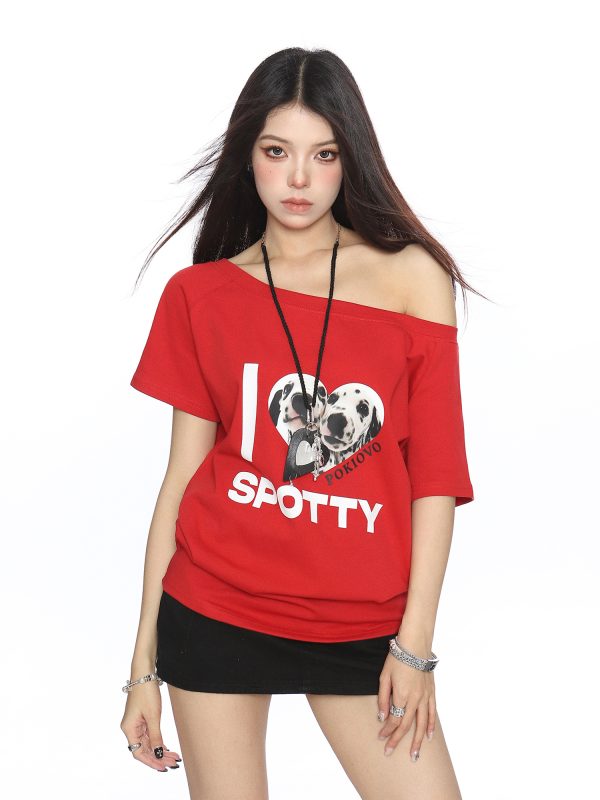 Off-Shoulder American Dalmatian T-Shirt for Women - Summer Slim Fit Short Sleeve Waist-Defining Top - Trendy Casual Style