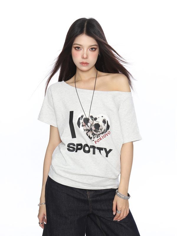 Off-Shoulder American Dalmatian T-Shirt for Women - Summer Slim Fit Short Sleeve Waist-Defining Top - Trendy Casual Style