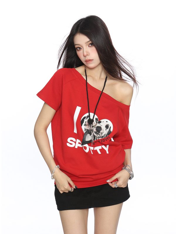 Off-Shoulder American Dalmatian T-Shirt for Women - Summer Slim Fit Short Sleeve Waist-Defining Top - Trendy Casual Style