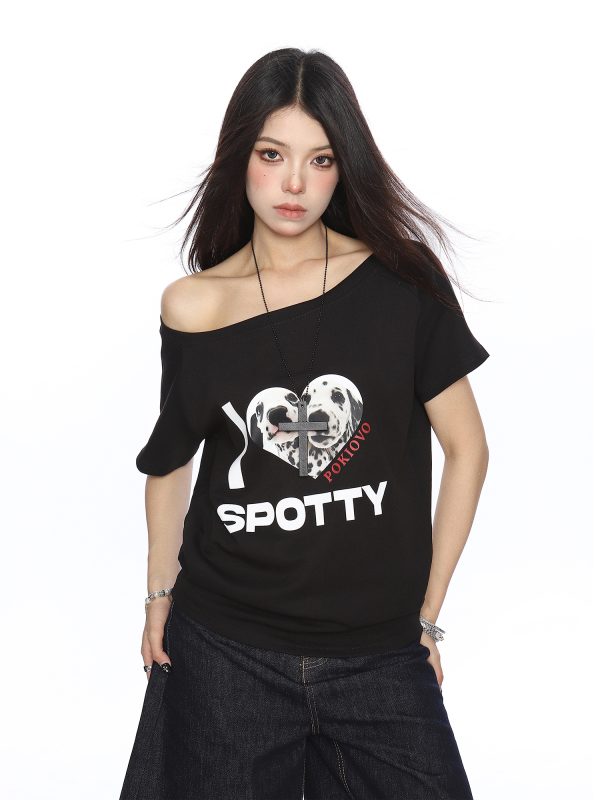 Off-Shoulder American Dalmatian T-Shirt for Women - Summer Slim Fit Short Sleeve Waist-Defining Top - Trendy Casual Style