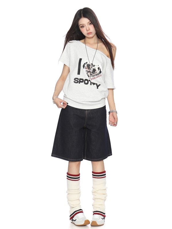 Off-Shoulder American Dalmatian T-Shirt for Women - Summer Slim Fit Short Sleeve Waist-Defining Top - Trendy Casual Style
