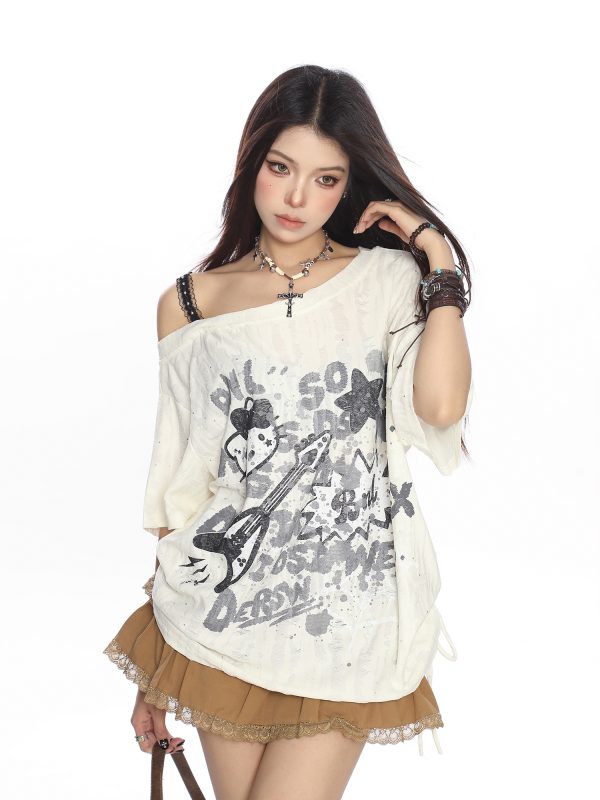 Off-Shoulder Hello Kitty Graffiti T-Shirt for Women - Summer Loose Casual Short Sleeve with Drawstring Slimming Cover-Up, Trendy 90s Style