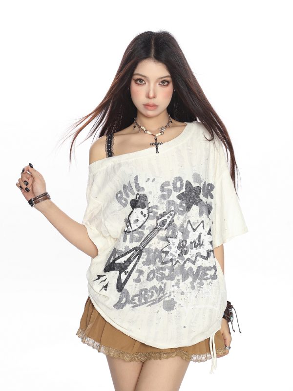 Off-Shoulder Hello Kitty Graffiti T-Shirt for Women - Summer Loose Casual Short Sleeve with Drawstring Slimming Cover-Up, Trendy 90s Style