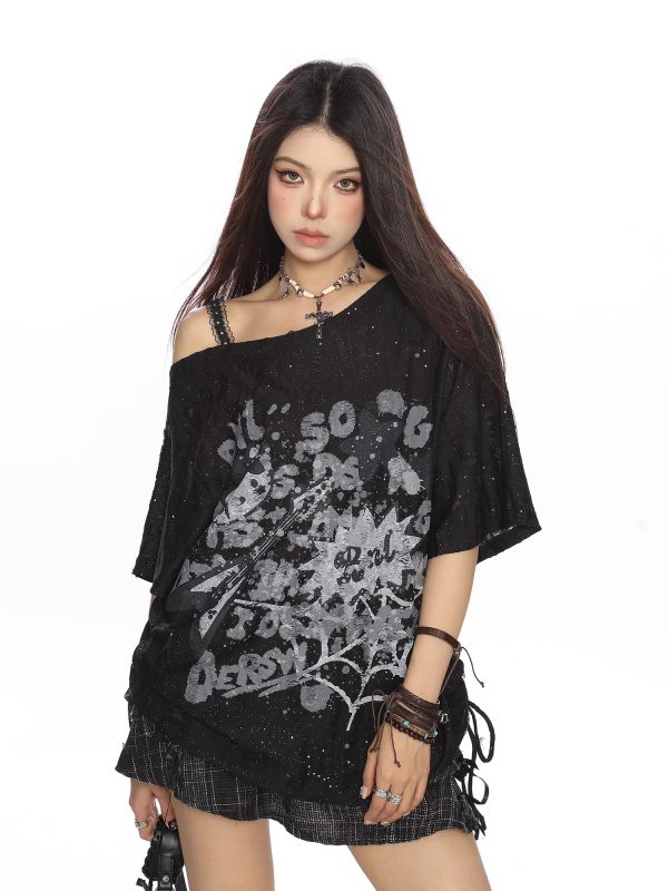 Off-Shoulder Hello Kitty Graffiti T-Shirt for Women - Summer Loose Casual Short Sleeve with Drawstring Slimming Cover-Up, Trendy 90s Style