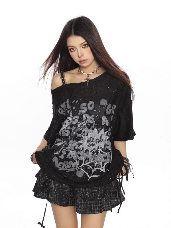 Off-Shoulder Hello Kitty Graffiti T-Shirt for Women - Summer Loose Casual Short Sleeve with Drawstring Slimming Cover-Up, Trendy 90s Style