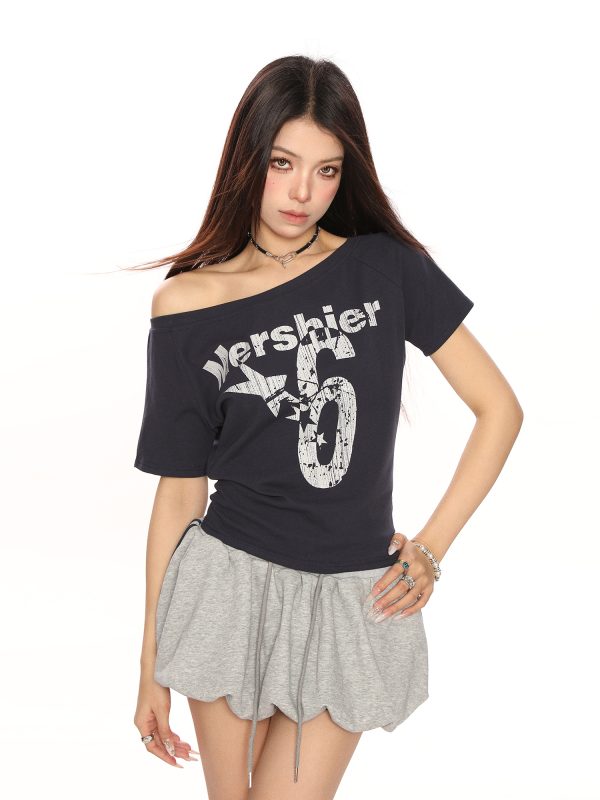 Off-Shoulder Letter Print Short Sleeve T-Shirt for Women - Spicy Girl Summer Slim Fit Top in American Style