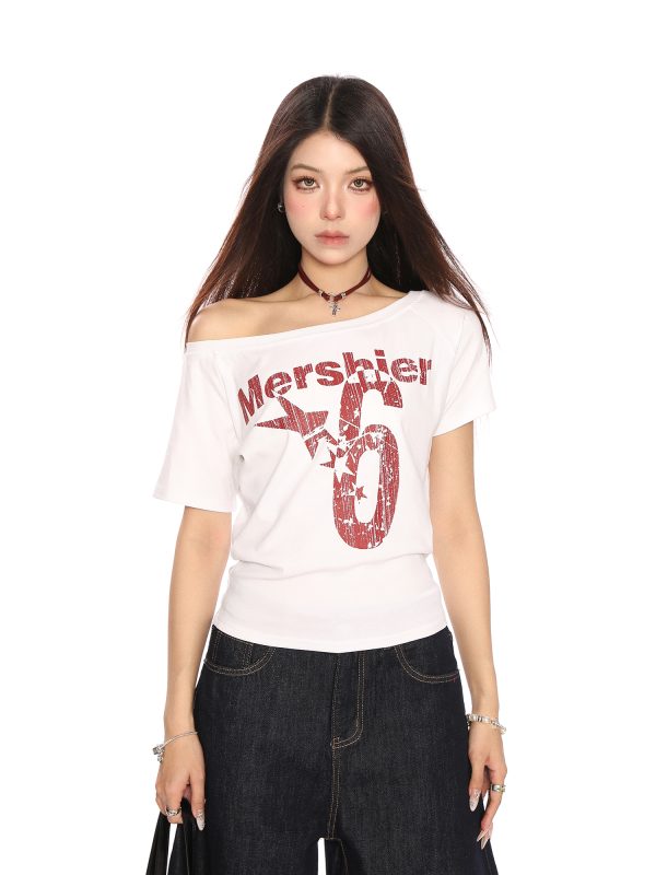 Off-Shoulder Letter Print Short Sleeve T-Shirt for Women - Spicy Girl Summer Slim Fit Top in American Style