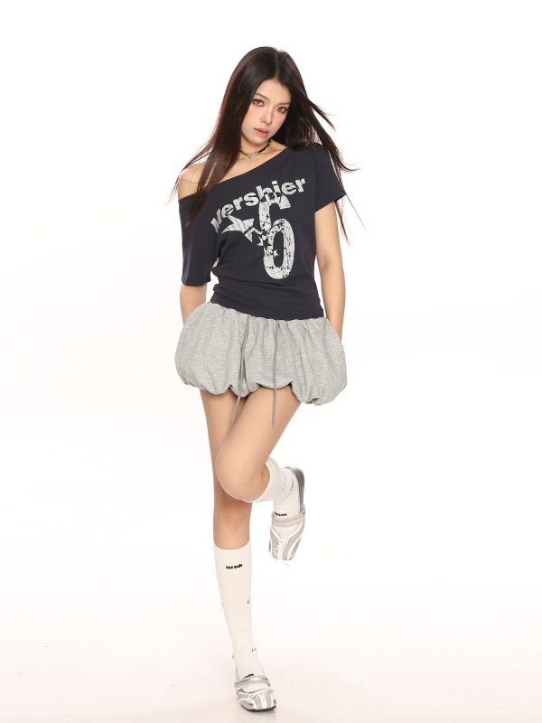 Off-Shoulder Letter Print Short Sleeve T-Shirt for Women - Spicy Girl Summer Slim Fit Top in American Style