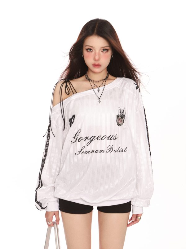 Off-Shoulder Long Sleeve Sweatshirt for Women - Slim Fit American Style Jersey Top for Autumn Sports Fashion