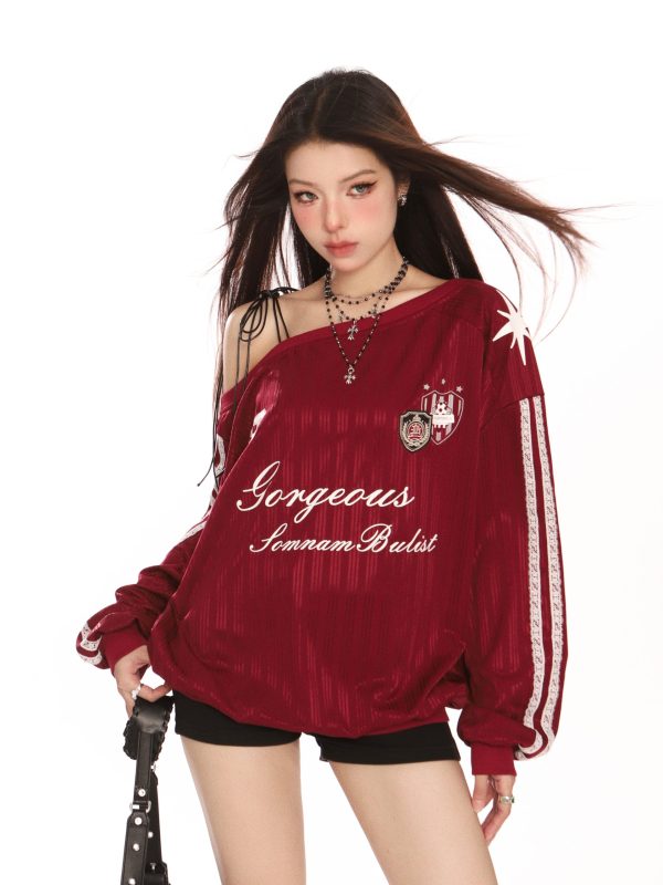 Off-Shoulder Long Sleeve Sweatshirt for Women - Slim Fit American Style Jersey Top for Autumn Sports Fashion