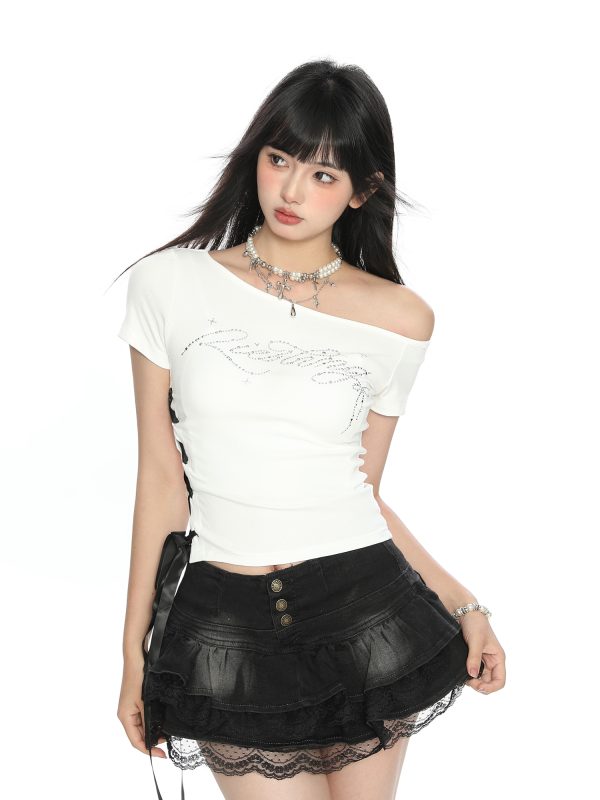 Off-Shoulder Rhinestone Letter Short Sleeve T-Shirt for Women - Summer Slim Fit Cropped Top, Sweet Cool Y2K Style
