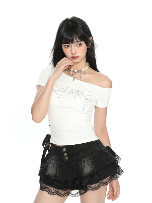 Off-Shoulder Rhinestone Letter Short Sleeve T-Shirt for Women - Summer Slim Fit Cropped Top, Sweet Cool Y2K Style
