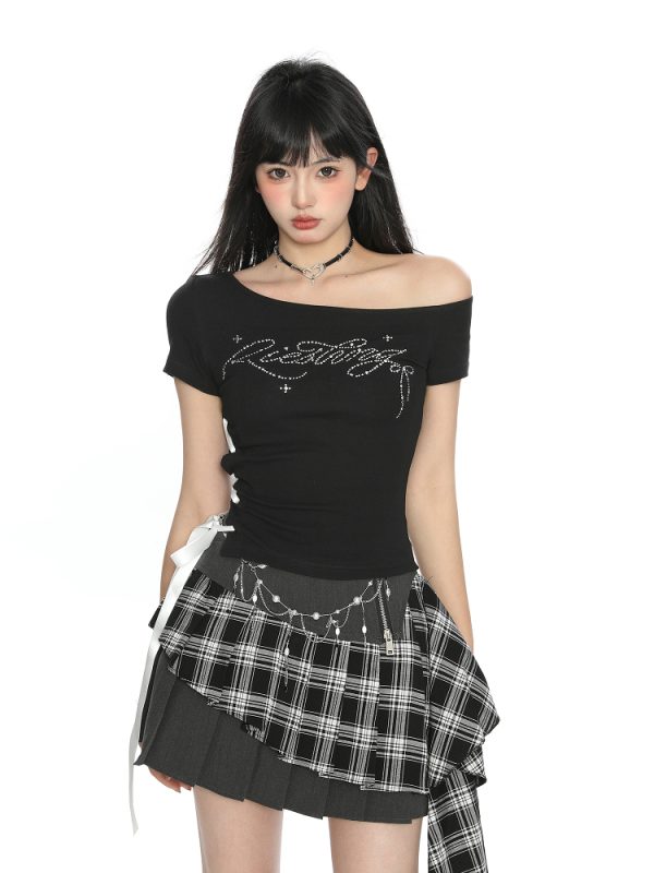 Off-Shoulder Rhinestone Letter Short Sleeve T-Shirt for Women - Summer Slim Fit Cropped Top, Sweet Cool Y2K Style