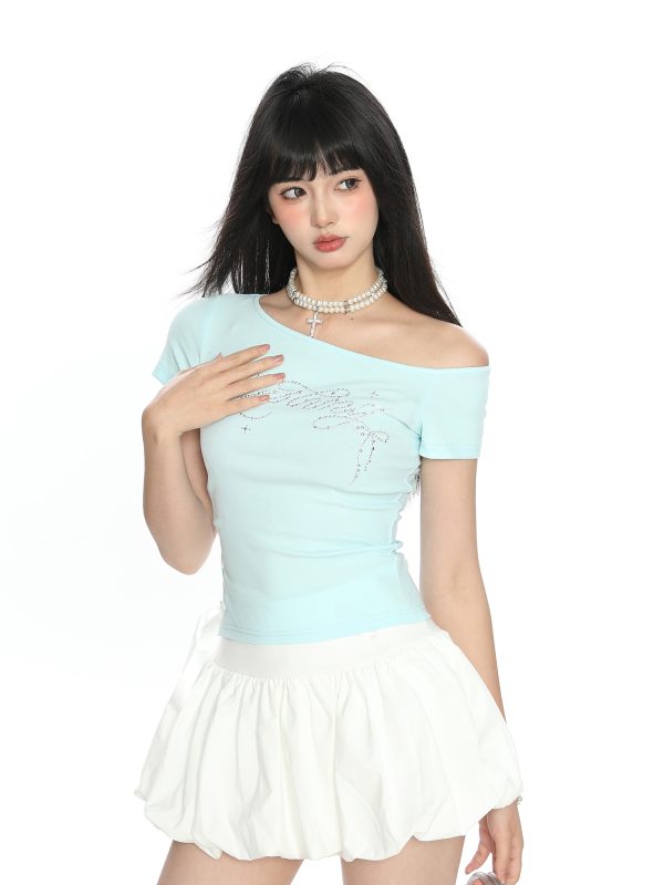 Off-Shoulder Rhinestone Letter Short Sleeve T-Shirt for Women - Summer Slim Fit Cropped Top, Sweet Cool Y2K Style