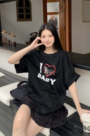 Off-Shoulder Short Sleeve Love Heart T-Shirt for Women - Casual Summer Asymmetrical Top, 90s Inspired, Spicy Sister Style