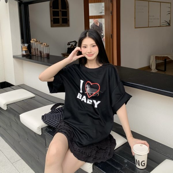 Off-Shoulder Short Sleeve Love Heart T-Shirt for Women - Casual Summer Asymmetrical Top, 90s Inspired, Spicy Sister Style