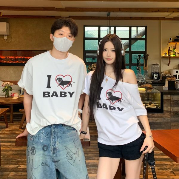 Off-Shoulder Short Sleeve Love Heart T-Shirt for Women - Casual Summer Asymmetrical Top, 90s Inspired, Spicy Sister Style