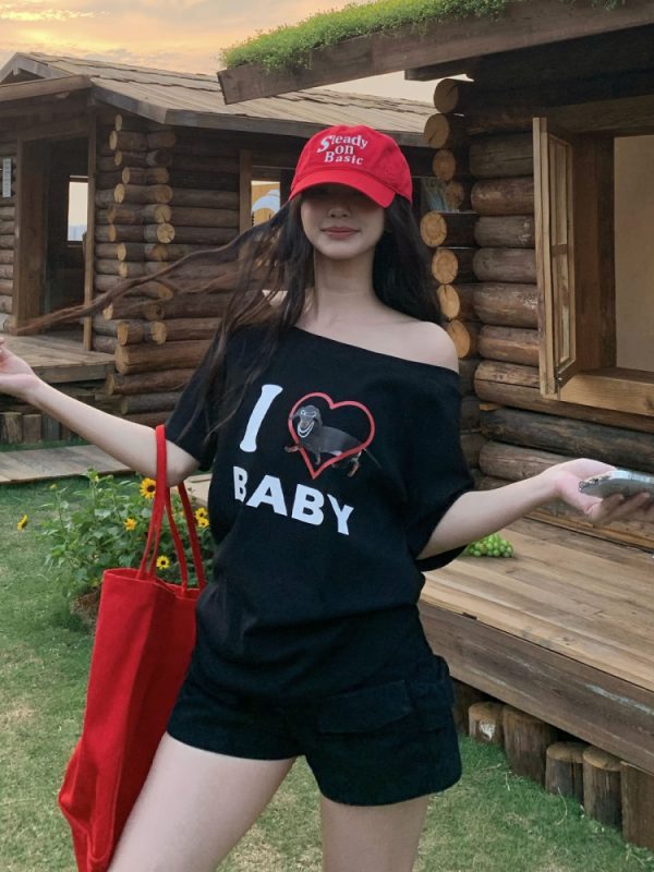 Off-Shoulder Short Sleeve Love Heart T-Shirt for Women - Casual Summer Asymmetrical Top, 90s Inspired, Spicy Sister Style