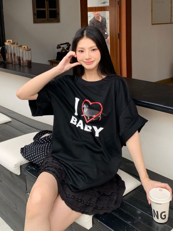 Off-Shoulder Short Sleeve Love Heart T-Shirt for Women - Casual Summer Asymmetrical Top, 90s Inspired, Spicy Sister Style