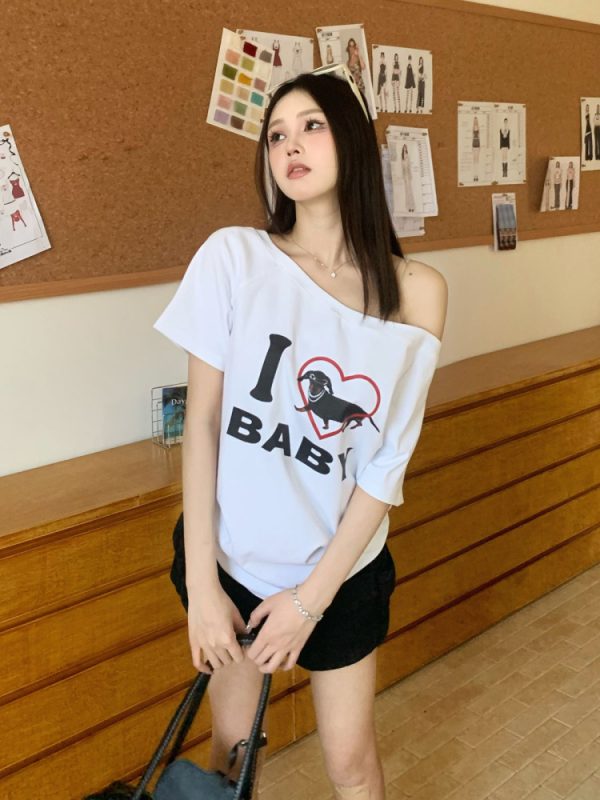 Off-Shoulder Short Sleeve Love Heart T-Shirt for Women - Casual Summer Asymmetrical Top, 90s Inspired, Spicy Sister Style