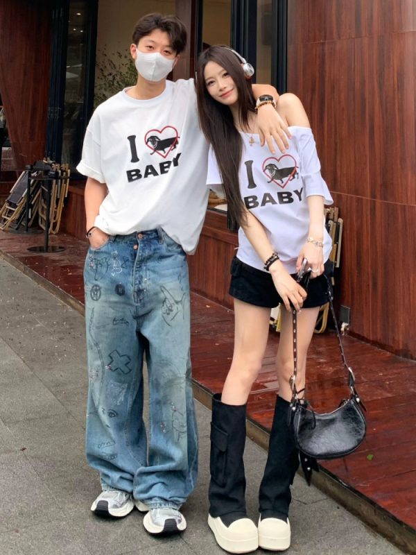 Off-Shoulder Short Sleeve Love Heart T-Shirt for Women - Casual Summer Asymmetrical Top, 90s Inspired, Spicy Sister Style