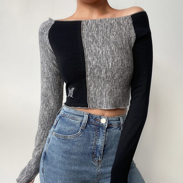 Off-Shoulder Slim High-Waist Short T-Shirt with Butterfly Embroidery - Cute Color-Block Long Sleeve Top for Early Spring Style