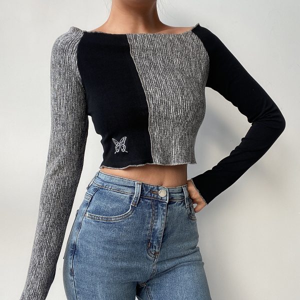Off-Shoulder Slim High-Waist Short T-Shirt with Butterfly Embroidery - Cute Color-Block Long Sleeve Top for Early Spring Style