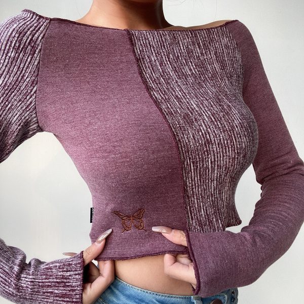 Off-Shoulder Slim High-Waist Short T-Shirt with Butterfly Embroidery - Cute Color-Block Long Sleeve Top for Early Spring Style