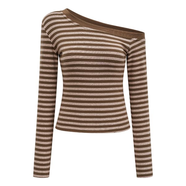Off-Shoulder Striped Long Sleeve T-Shirt for Women - Slim Fit, Flattering Autumn/Winter Top in European & American Style