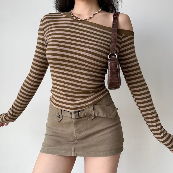 Off-Shoulder Striped Long Sleeve T-Shirt for Women - Slim Fit, Flattering Autumn/Winter Top in European & American Style