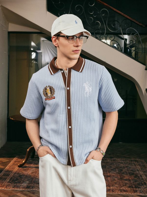 Old Money Style Color Block Short Sleeve Shirt - Soft Woven Fabric with Hollow Out Detail for Vacation, Y2K Inspired Fashion