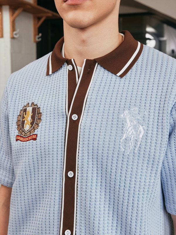 Old Money Style Color Block Short Sleeve Shirt - Soft Woven Fabric with Hollow Out Detail for Vacation, Y2K Inspired Fashion