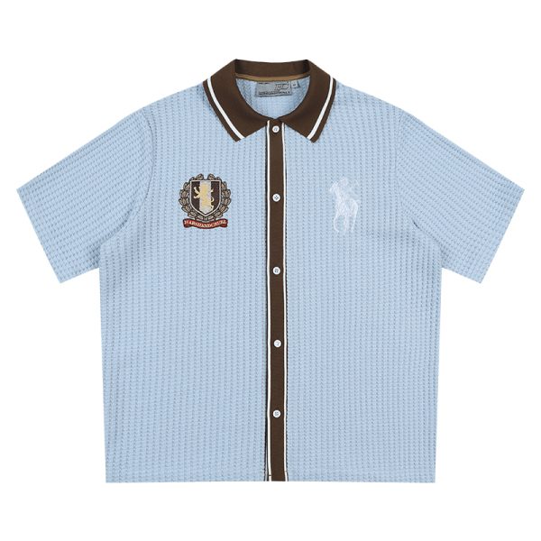 Old Money Style Color Block Short Sleeve Shirt - Soft Woven Fabric with Hollow Out Detail for Vacation, Y2K Inspired Fashion