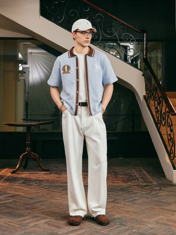 Old Money Style Color Block Short Sleeve Shirt - Soft Woven Fabric with Hollow Out Detail for Vacation, Y2K Inspired Fashion