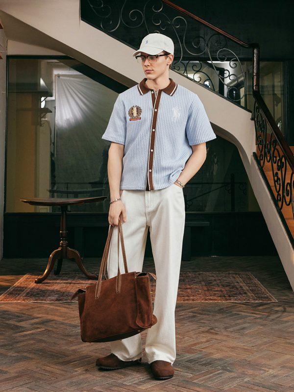 Old Money Style Color Block Short Sleeve Shirt - Soft Woven Fabric with Hollow Out Detail for Vacation, Y2K Inspired Fashion