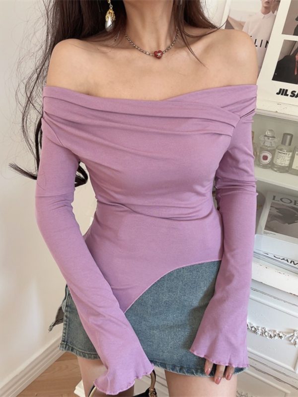 One-Shoulder Fitted Bell Sleeve T-Shirt for Women - Ultra-Slim Waist, American Style, Sexy Design, Perfect for Spicy Y2K Fashion