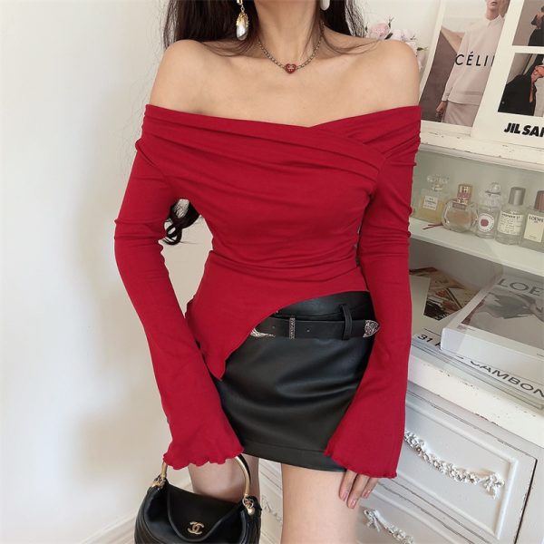 One-Shoulder Fitted Bell Sleeve T-Shirt for Women - Ultra-Slim Waist, American Style, Sexy Design, Perfect for Spicy Y2K Fashion