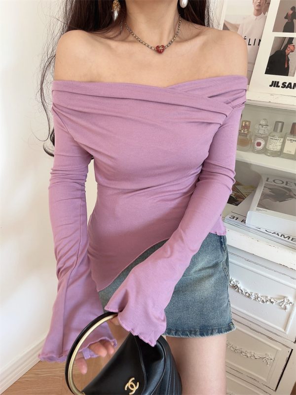 One-Shoulder Fitted Bell Sleeve T-Shirt for Women - Ultra-Slim Waist, American Style, Sexy Design, Perfect for Spicy Y2K Fashion