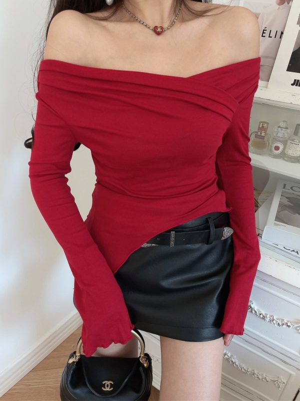 One-Shoulder Fitted Bell Sleeve T-Shirt for Women - Ultra-Slim Waist, American Style, Sexy Design, Perfect for Spicy Y2K Fashion
