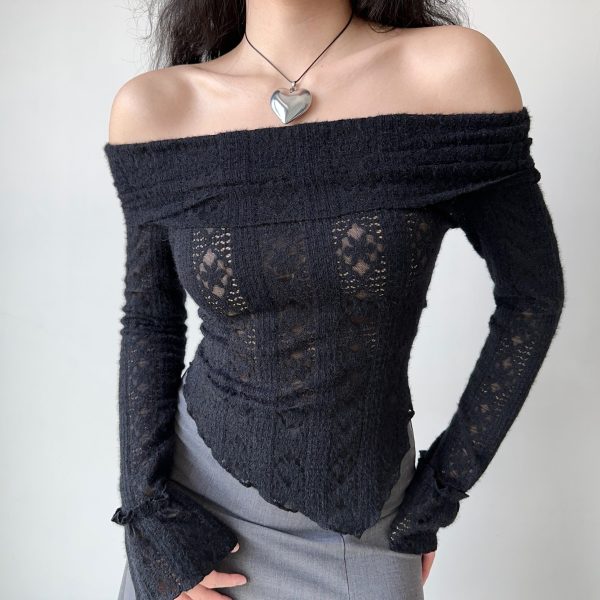One-Shoulder Hollow-Out Knitted Long Sleeve T-Shirt for Women â€“ Slim Fit European and American Style Spicy Girl Top