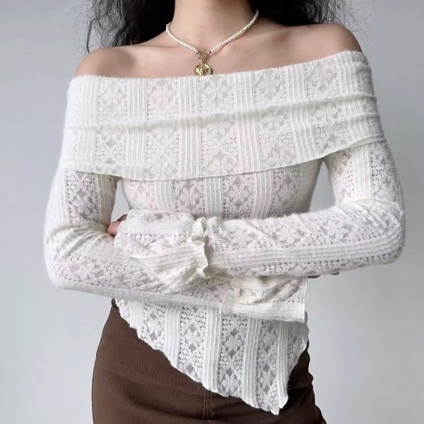One-Shoulder Hollow-Out Knitted Long Sleeve T-Shirt for Women â€“ Slim Fit European and American Style Spicy Girl Top