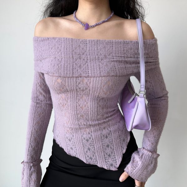 One-Shoulder Hollow-Out Knitted Long Sleeve T-Shirt for Women â€“ Slim Fit European and American Style Spicy Girl Top