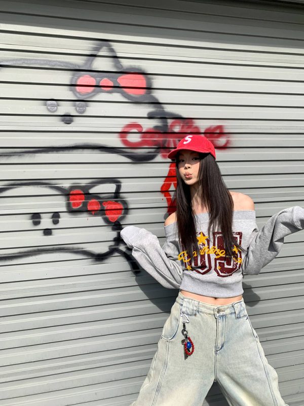 One-Shoulder Korean Style Sweatshirt for Women - Handmade Slimming Soft Long Sleeve Top for Spring and Autumn Fashion