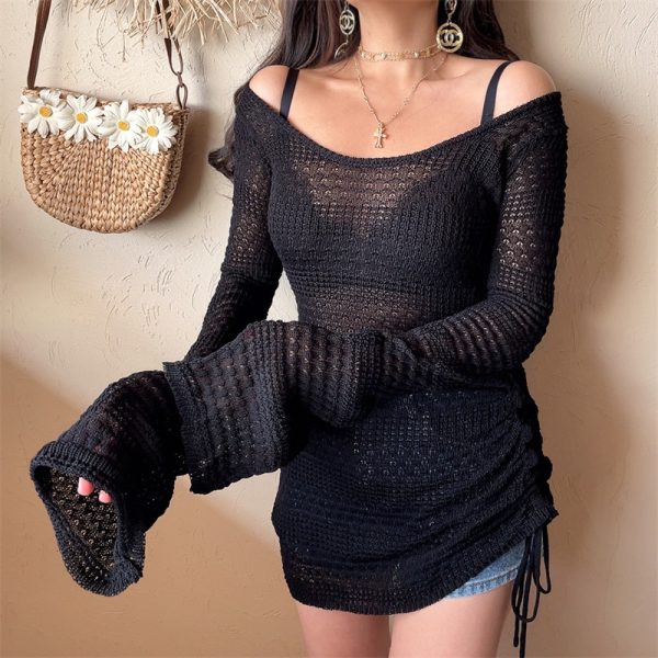 One-Shoulder Pleated Knitted Hollow-Out Bell Sleeve Top - Sexy Vacation Cover-Up for Spring/Summer 2025