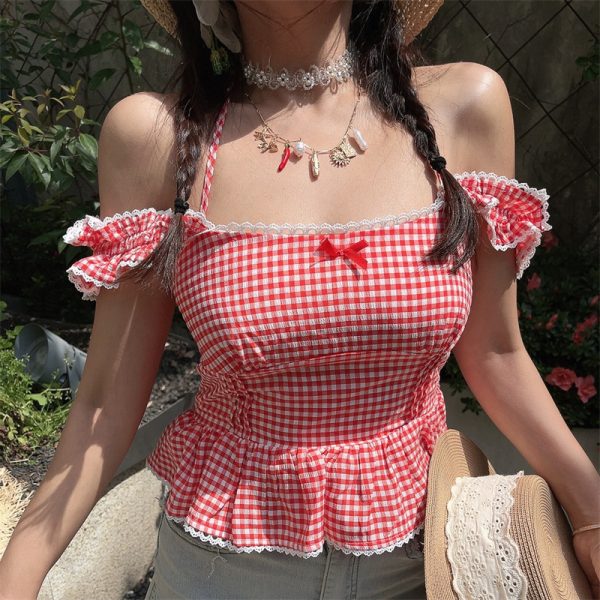 One-Shoulder Ruffled Bow Tie Blouse - Handmade Spring Summer Vacation Top in French Style