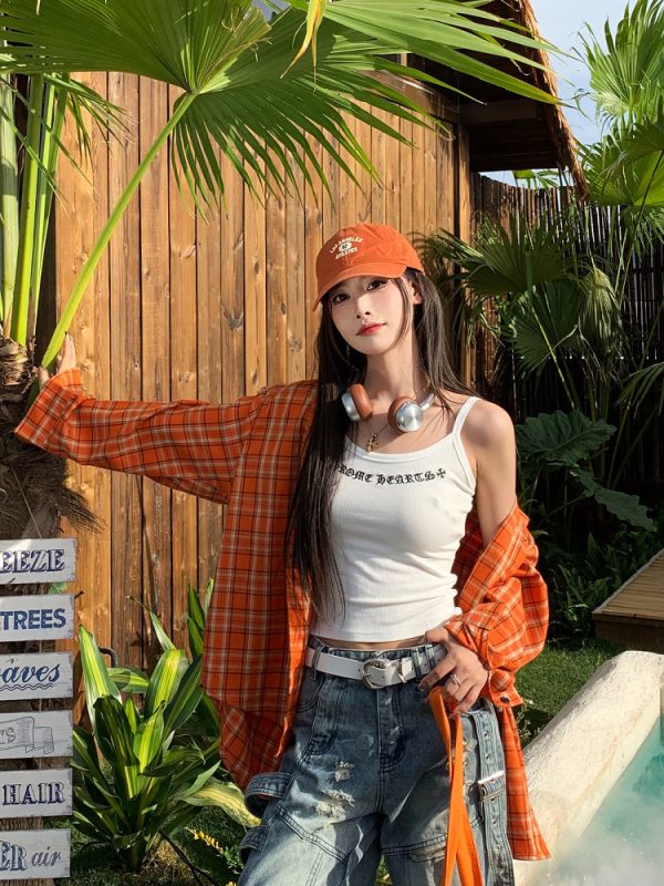 Orange Plaid Long Sleeve Shirt Jacket for Women - Vintage Loose Casual Style for Spring Summer, 90s Inspired Fashion