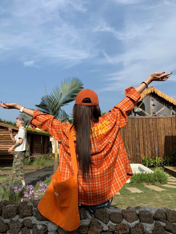 Orange Plaid Long Sleeve Shirt Jacket for Women - Vintage Loose Casual Style for Spring Summer, 90s Inspired Fashion